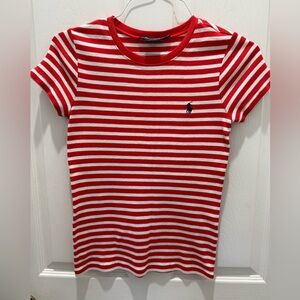 Ralph Lauren Red and White Striped Tee Medium